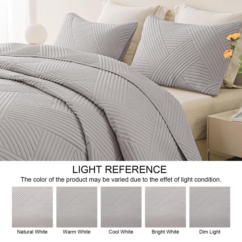 Whale Flotilla Queen Quilt Set, Soft Lightweight Quilts Bedspreads Coverlet with Embossed Pattern, Bedding Sets with 2 Pillow Shams, Reversible Bed Cover for All Seasons, 96x90 Inches, Light Grey
