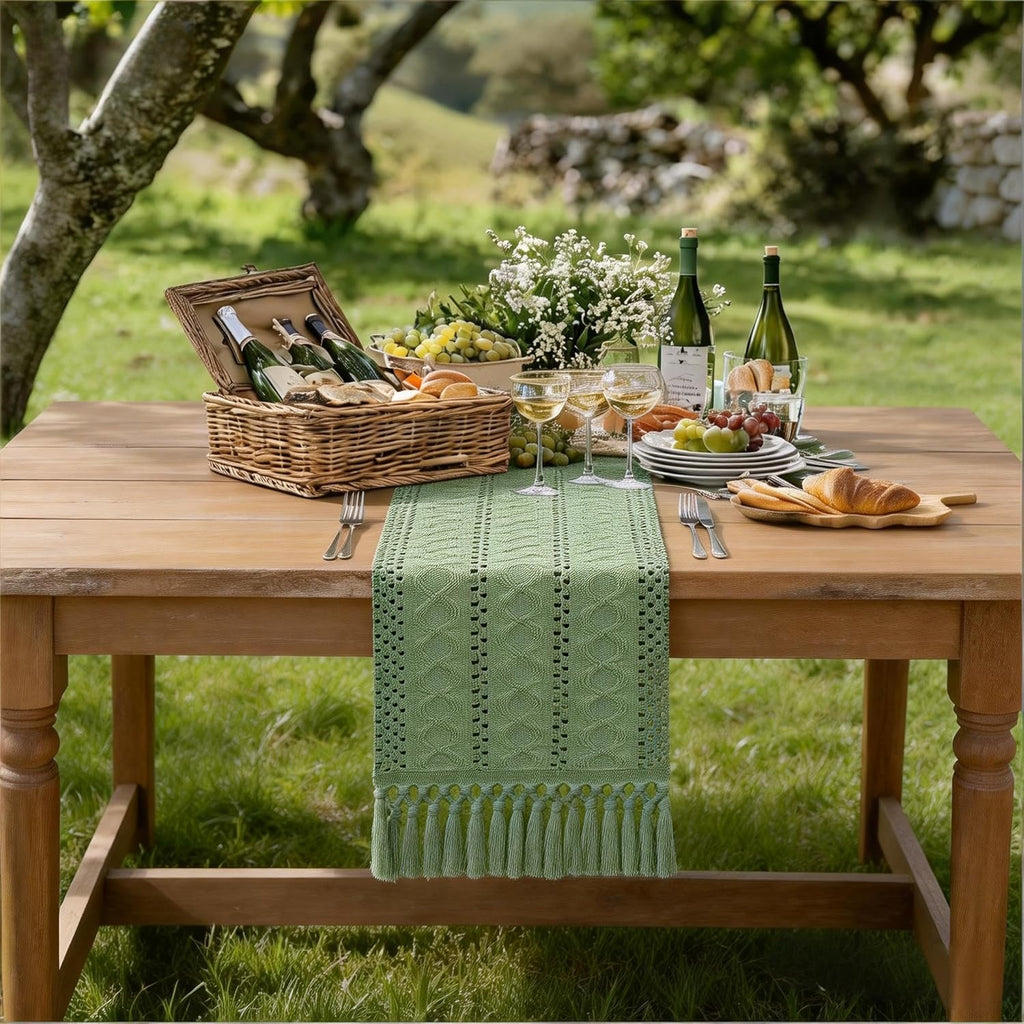 Socomi Sage Green Boho Table Runner - Rustic Macrame Woven Cotton Linen Decor | 12x60 Inch for Spring Dining