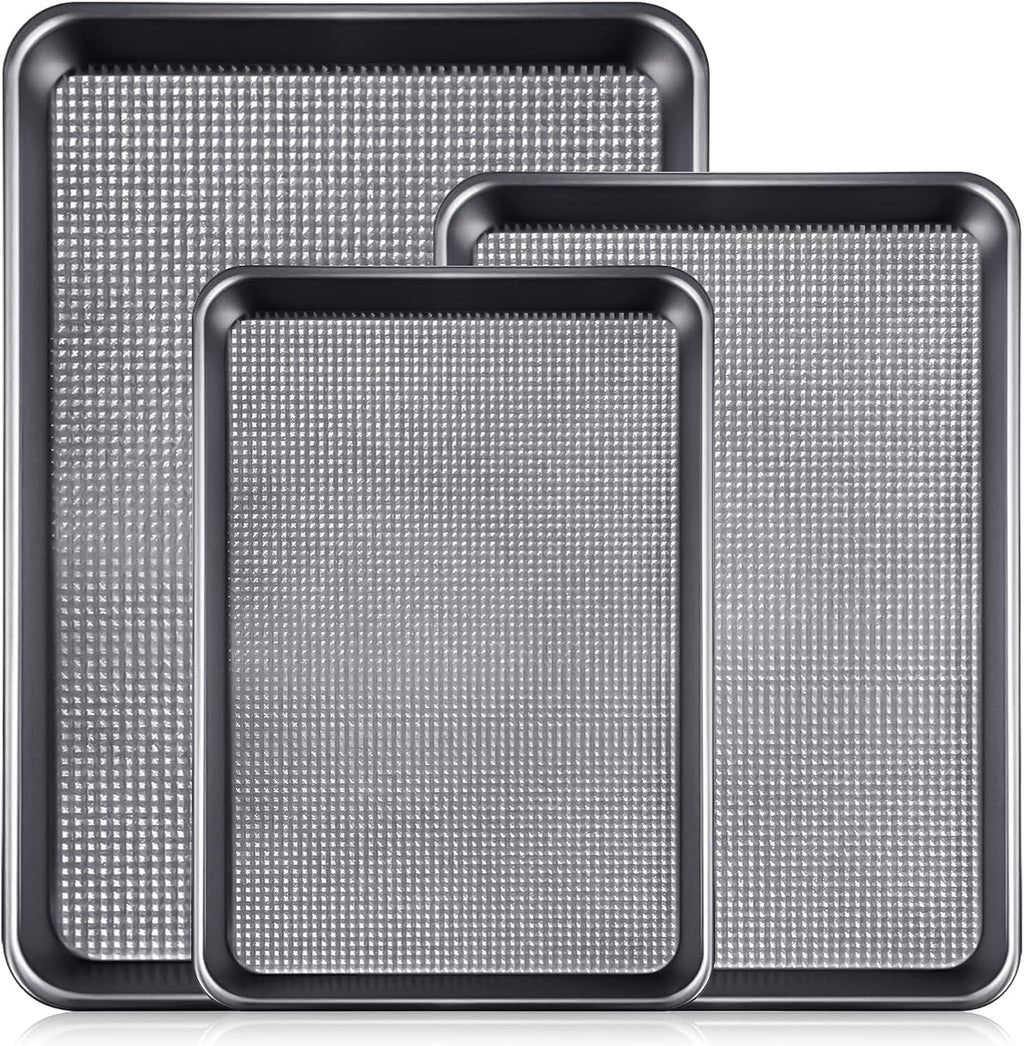 Vinino Baking Sheet Set - Non-Stick Carbon Steel Cookie Sheets with Square Texture | 3-Piece Grey Set