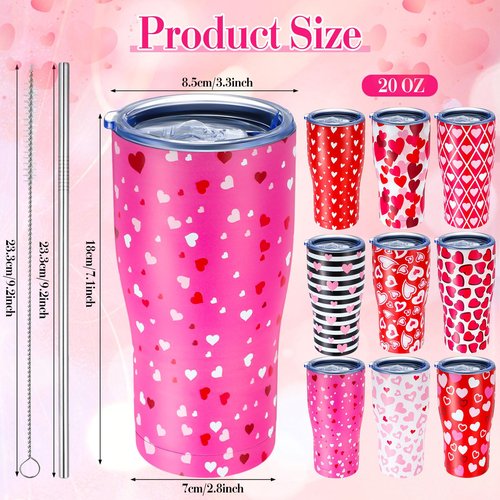 Hushee 9 Pcs Valentine's Day Tumbler with Lid and Straw Stainless Steel 20 oz Heart Love Print Double Wall Vacuum Insulated Cup Travel Mugs for Hot and Cold Drink