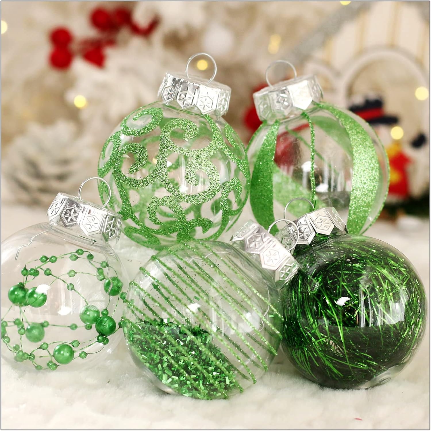 Skiennix Christmas Ornaments Set - 30pcs Shatterproof Green & Clear Decorative Baubles for Holiday Decor