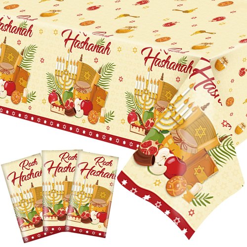 Ertyjikg 3 Pcs Rosh Hashanah Tablecloth Party Decorations Plastic Shana Tova Tablecover Backdrop Background Banner for Jewish New Year Party Decoration Supplies 51x87Inch