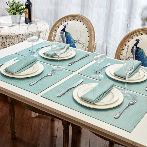 Homejoy Place Mats Set of 8 – Rectangle Rectangular Waterproof Fabric Polyester Cloth Washable Wipeable Heat Resistant Placemats for Kitchen Dining Dinner Table Indoor 13 x 19 Inch Turquoise