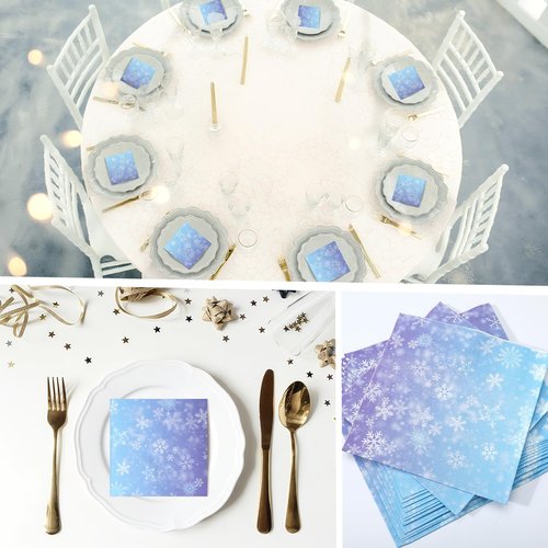 Janlaugh 100 Pcs Bulk Snowflake Paper Napkins Gradient Blue and Purple 3 Ply Disposable Party Napkins for Guest Wonderland Party Hand Towel for Winter Birthday Supplies (9.84 x 9.84 Inches)