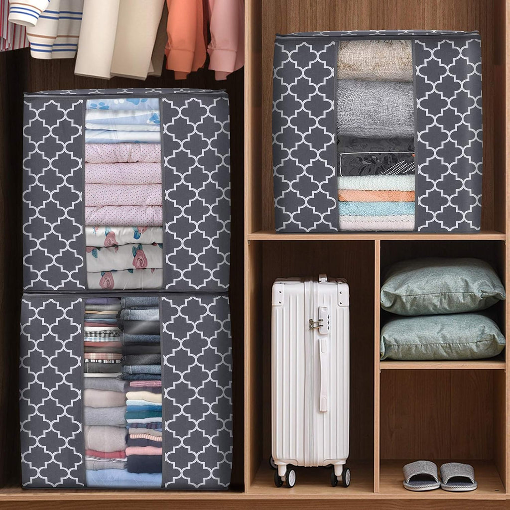 WISELIFE Storage Bags - Large 100L Blanket & Clothes Organizer | Foldable Design with Reinforced Handles, Clear Window, Gray