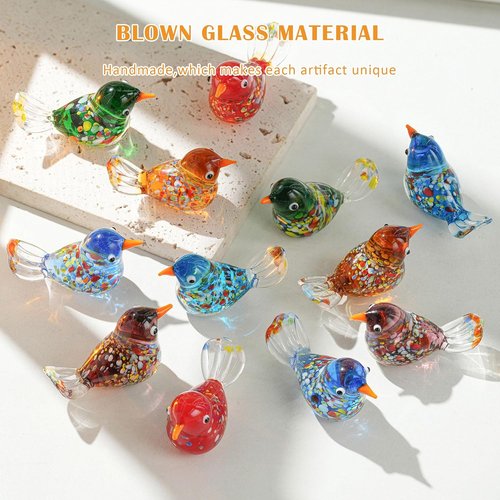 HDCRYSTALGIFTS Miniature Glass Bird Figurines - 6pcs Hand Blown Decorative Statues | Unique Home Decor Gifts for Mom