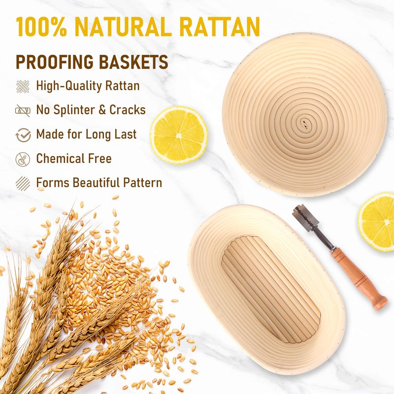 Banneton Proofing Basket Set, 9" Round and 10" Oval Sourdough Bread Baking Supplies, Sourdough Baskets with Bread Lame, Danish Whish, Bowl Scraper, Sourdough Scraper, Complete Sourdough Starter Kit