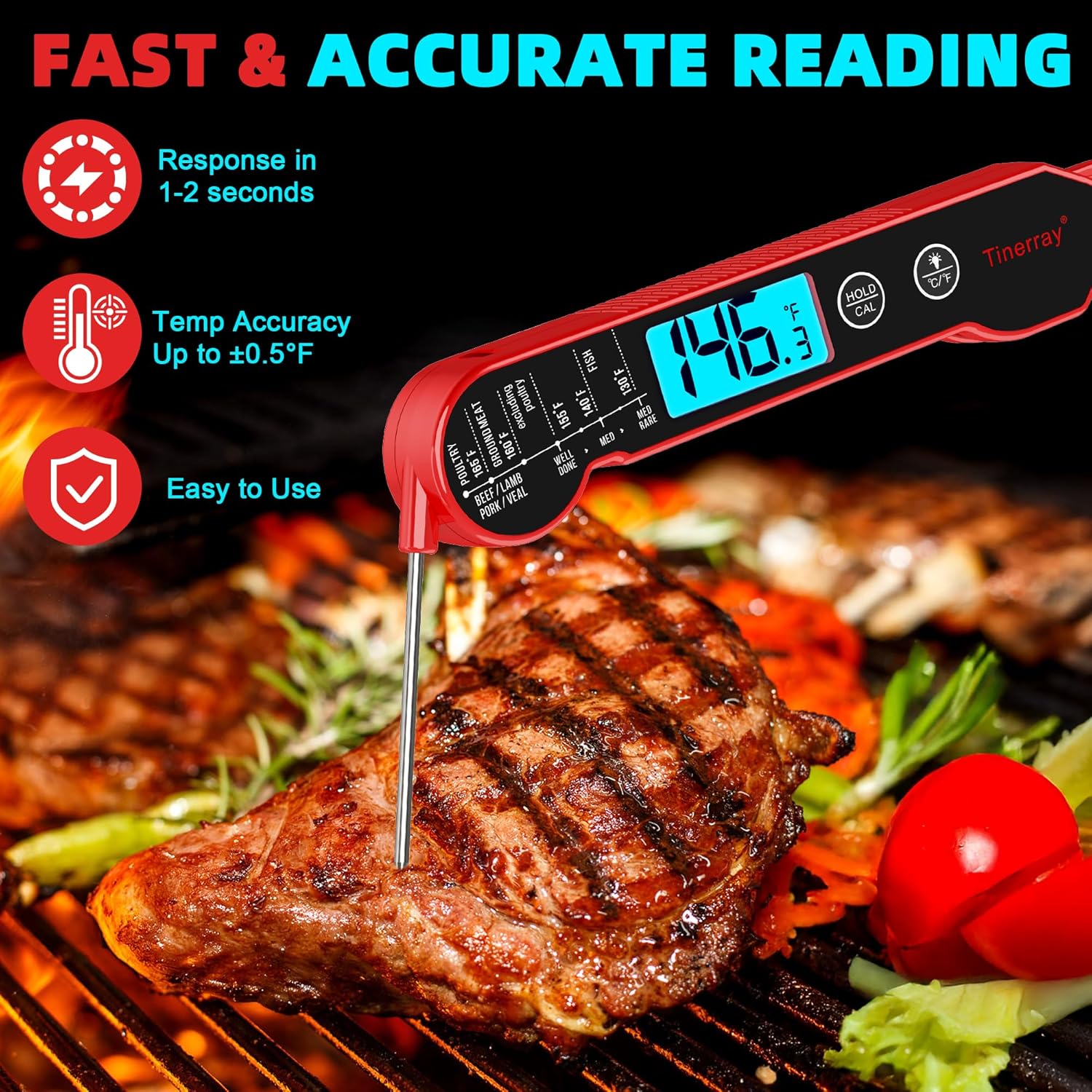 Professional Digital Meat Thermometer - Instant Read Waterproof Folding Probe with Backlight & Calibration | Ideal for BBQ, Grill, Cooking, and Liquids