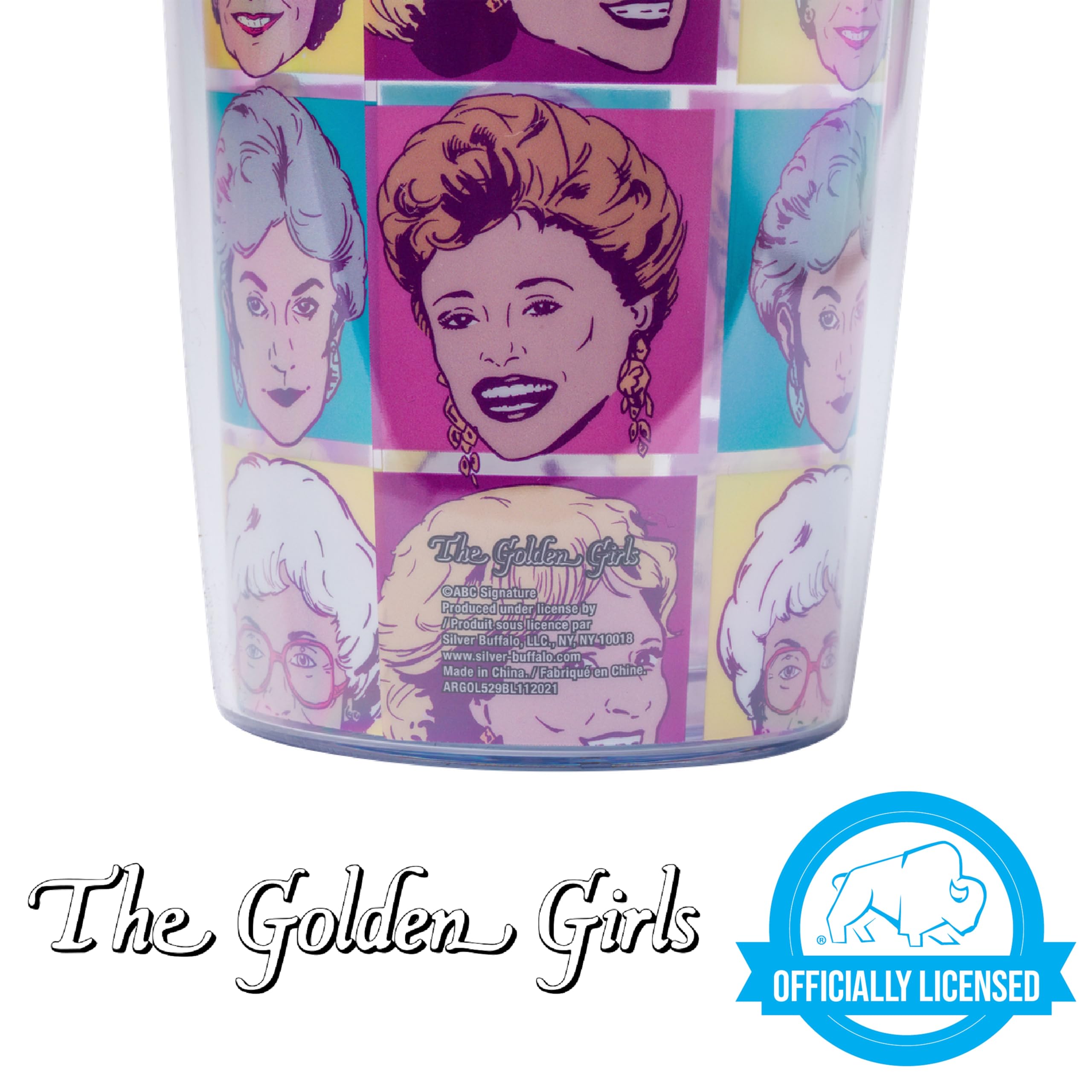 Silver Buffalo Golden Girls Character Grid Featuring Dorothy, Blanche, Rose, and Sophia Double Wall Travel Tumbler with Slide Close Lid, 20 Ounces