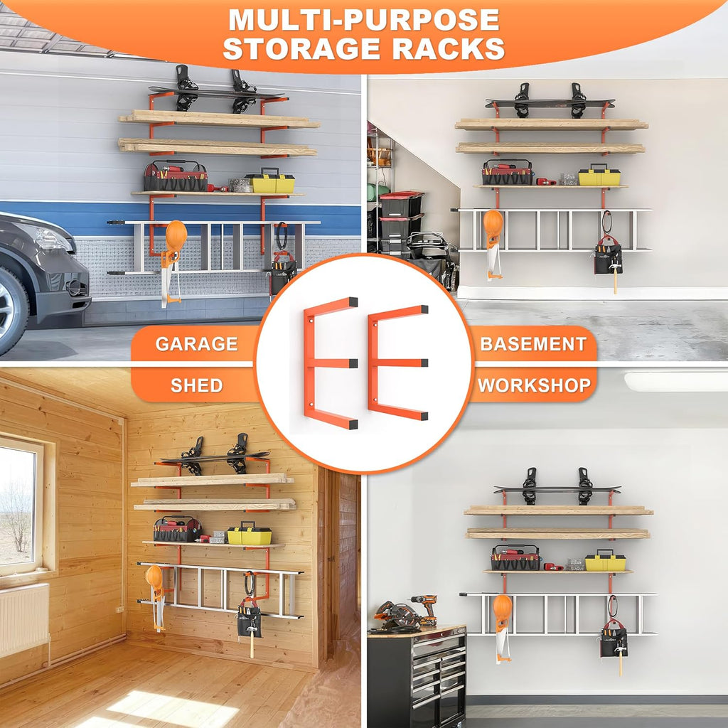 Ultrawall Lumber Storage Rack - Heavy-Duty Wall-Mounted Wood Organizer | Holds 220 LBS Per Level (Pack of 2, Orange)