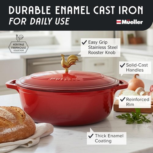 MUELLER HOME Enameled Cast Iron Dutch Oven - 5.5 Quart with Rooster Knob & Cotton Potholders, Red