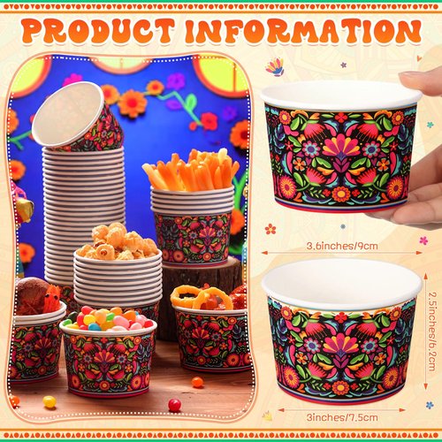 Potchen 50 Pack 9 oz Mexican Paper Bowls Mexican Themed Paper Cups Fiesta Flower Disposable Soup Bowls Snack Cups Plates Cinco De Mayo Party Supplies for Taco Dessert Hot or Cold Food