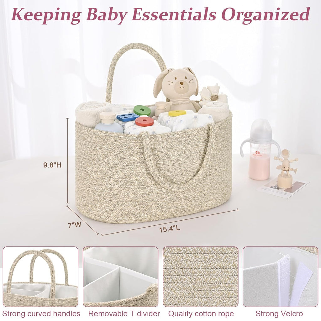 Skiennix Baby Diaper Caddy Organizer - 19L Cotton Rope Storage Basket with Removable Divider | Perfect for Nursery & Baby Showers