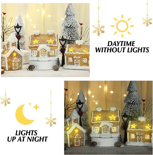 GlikCeil 17-Piece LED Christmas Gingerbread Village Set - Ceramic Houses, Birch & Pine Trees, Streetlight Decor