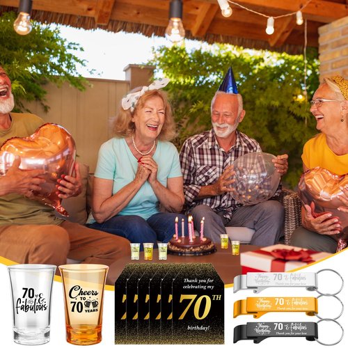 Domensi 50 Sets 70th Birthday Party for Guests Bulk Include Cheers to 70 Short Glasses Beer Bottle Opener Keychains Thank You Cards with Gift Bags and Ropes for Birthday Party Gifts