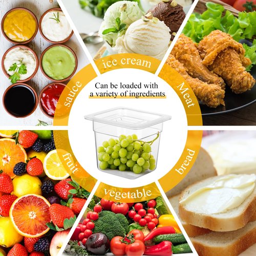 PYQTH 12 Pack Plastic Food Pan with Lids 1/6 Size 6'' Deep Restaurant Food Containers Stackable Clear Polycarbonate Commercial Hotel Pans with 1 Plastic Spoon for Fruits Vegetables