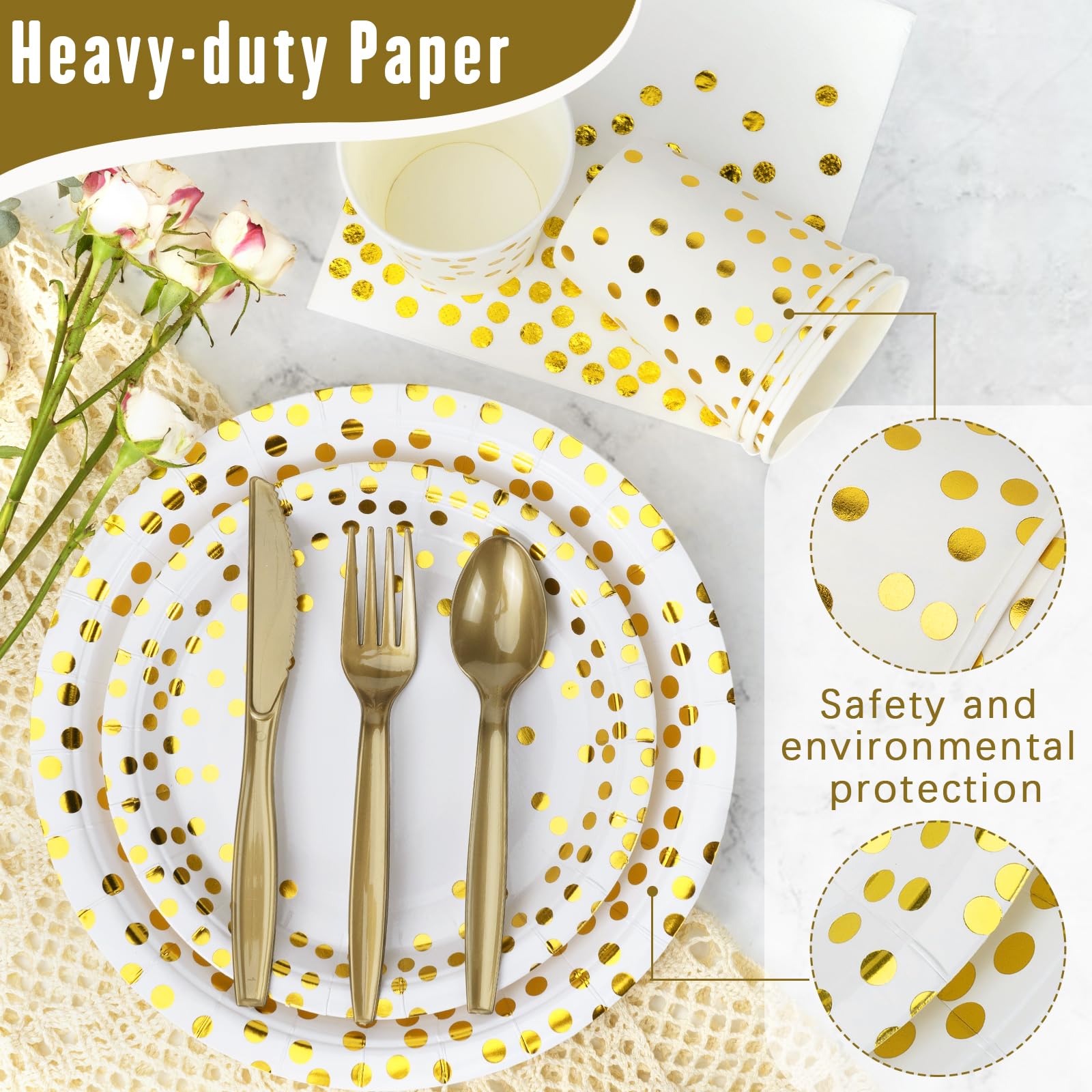 Lzerking Party Supplies Set - 280 Pieces of White and Gold Dot Paper Plates, Cups, Napkins, and Heavy Duty Silverware for 40 Guests for Birthdays, Graduation, Wedding, Festivals