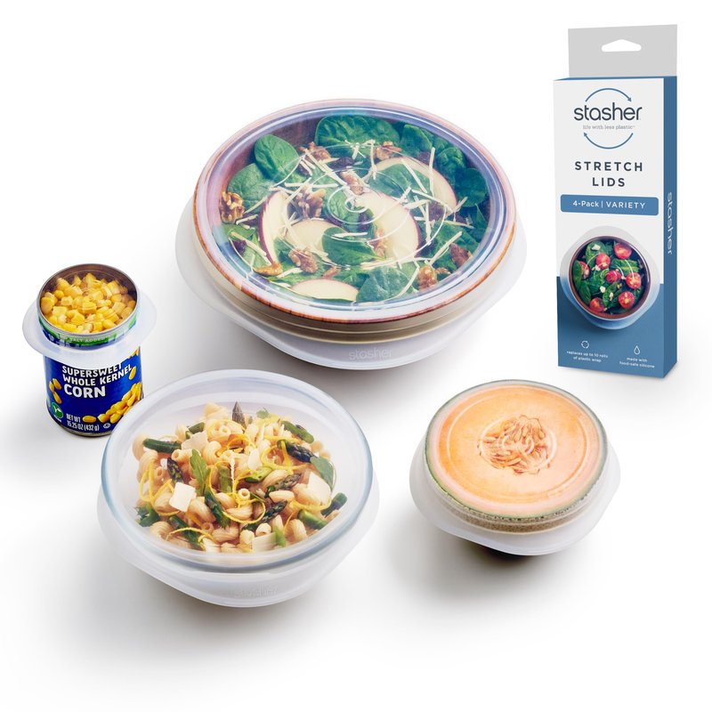 Stasher Premium Reusable Silicone Stretch Lids, Clear, 4pk of 9”, 6.5”, 4.5”, and 2.5” Lids, Airtight Seal, Food Container Covers, BPA Free, Leak-Free, Dishwasher Safe, Microwave Safe, Eco-Friendly