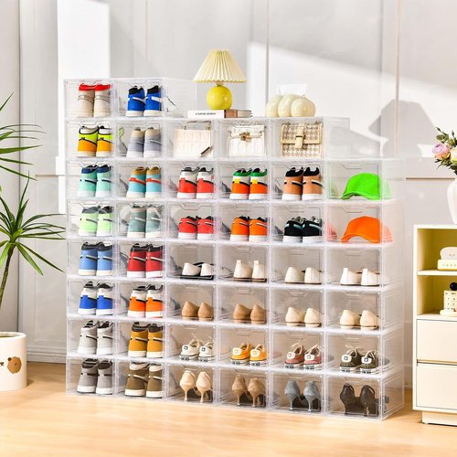 Clear Plastic Shoe Boxes - 10 Pack Stackable Storage Organizers with Lids | Fits Up to US Size 13