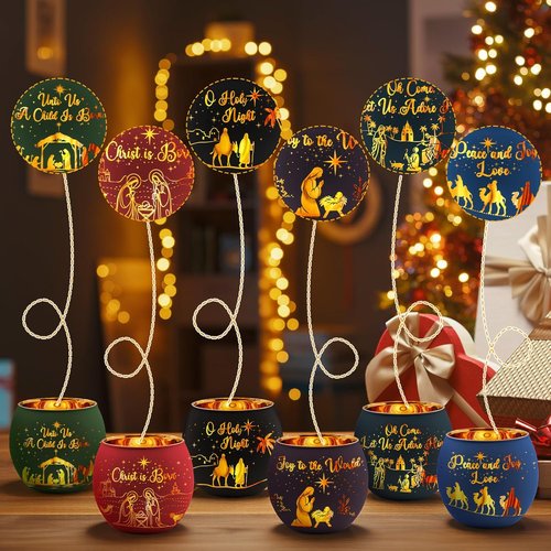 Jingmore Christmas Nativity Scene Votive Candle Holders - 6 Pcs Glass Set with Laser Engraved Designs for Holiday Decor