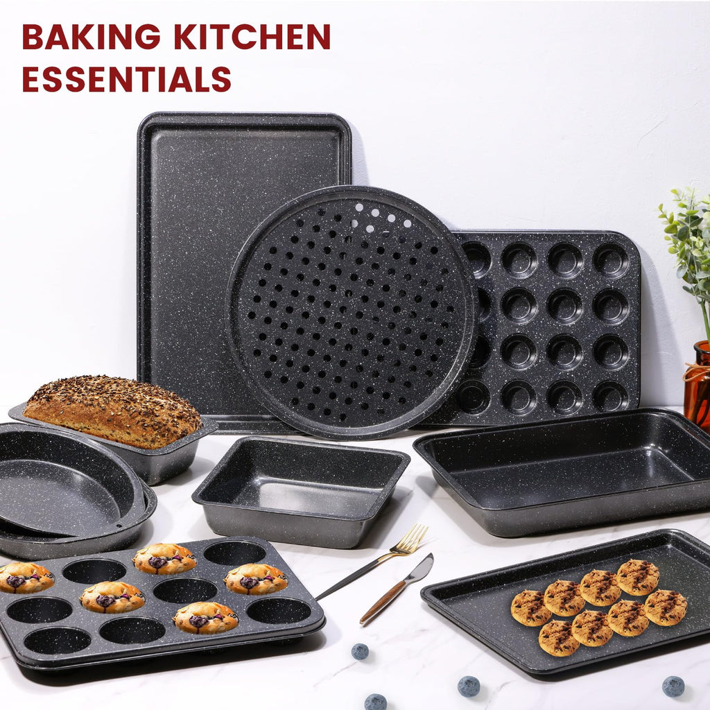 Terlulu 10-Piece Baking Pans Set, Bakeware Sets Nonstick, Baking Set for Oven Cooking, Stackable Carbon Steel Set Include Cookie Sheets, Muffin Pan, Cake Pan, Pizza Pan, Loaf Pan, Roasting Pan, Black