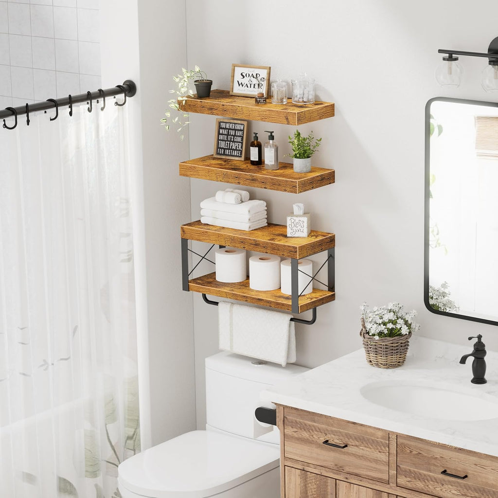 QEEIG Bathroom Shelves Over Toilet - Rustic Floating Shelf Set for Toilet Paper Storage | 16 Inch, Brown