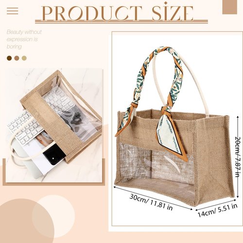 Reginary 16 Pcs Beige Trim Jute Tote Gift Bags with Clear PVC Window Natural Burlap Grocery Shopping Bag Beach Tote with Handle for Bridesmaid Wedding Travel