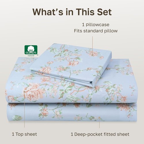 California Design Den Twin XL Bed Sheets Set - 100% Cotton, 400 Thread Count, Floral Blue/Pink