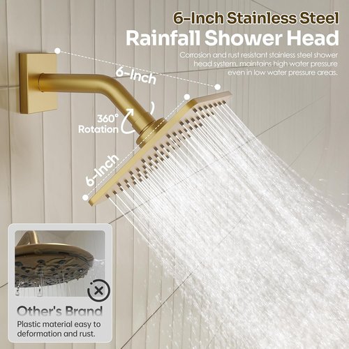 **Regine Switzerland Gold Shower Faucet Set - Brushed Gold Finish with 10'' Ceiling & 6'' Wall-Mounted Heads**