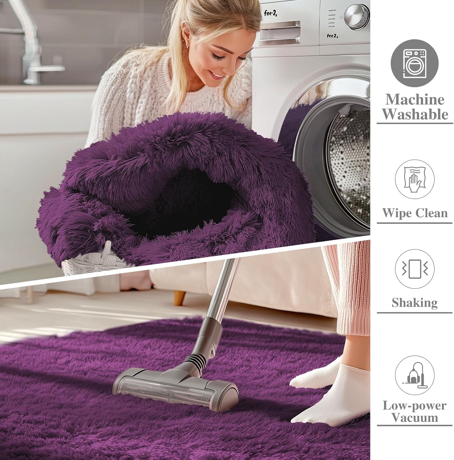 OLANLY Soft Fluffy 3x5 Machine Washable Bedside Rug - Dark Purple Shaggy Carpet for Kids & Nursery