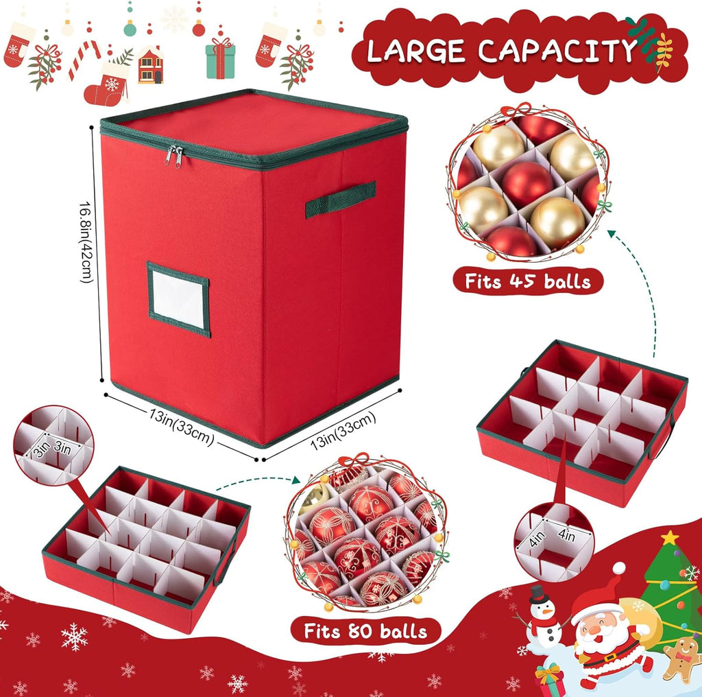 OIAHOMY Christmas Ornament Storage Box - Holds 80 Ornaments with Trays & Zippers, Red 600D Oxford Fabric