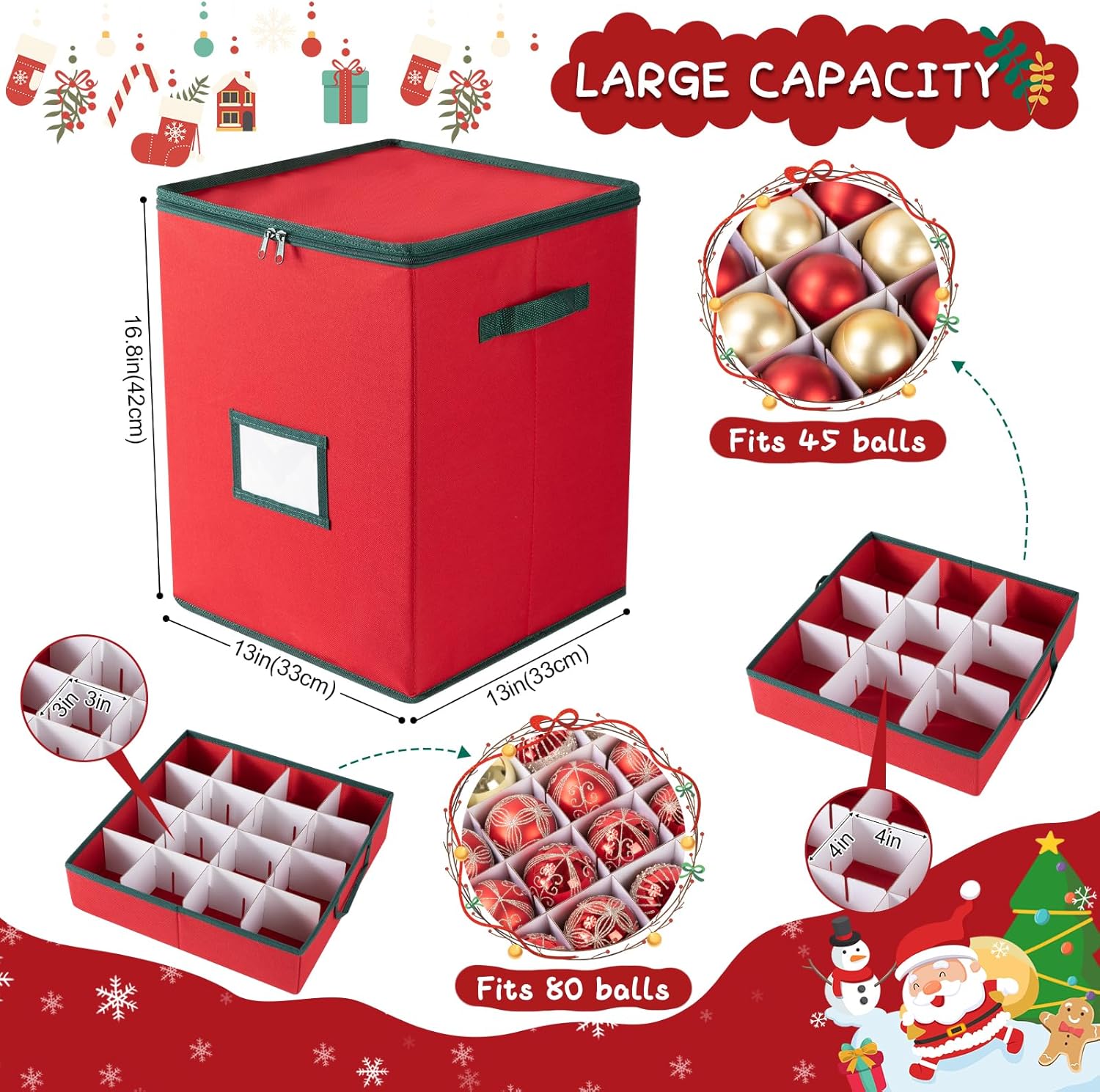 OIAHOMY Christmas Ornament Storage Box - Holds 80 Ornaments with Trays & Zippers, Red 600D Oxford Fabric