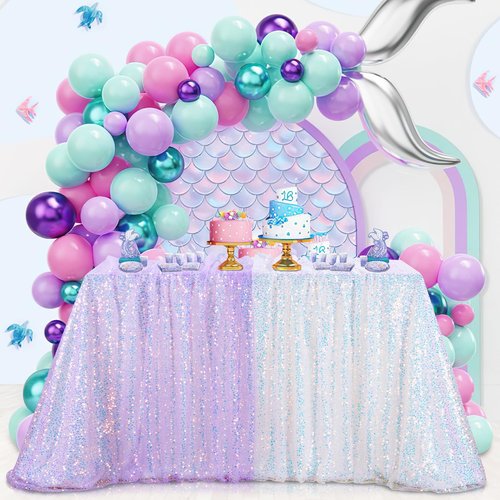 MoKoHouse Iridescent Tablecloth 52x120 inch White Sequin Table Cloth Glitter Table Cover Birthday Wedding Baby Shower Christmas Halloween Mermaid Ocean Theme Party Decoration