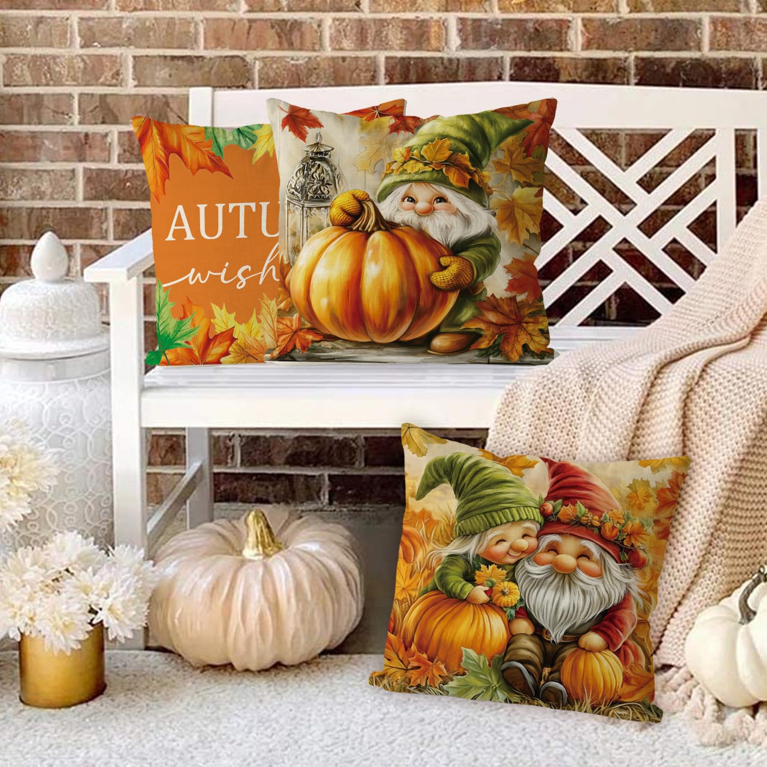 GAGEC Fall Pillow Covers 18x18 Inch Set of 4 Gnomes Pumpkin Maple Leaves Decorative Throw Pillow Covers Harvest Autumn Thanksgiving Pillowcase for Farmhouse Home Sofa Living Room Decor