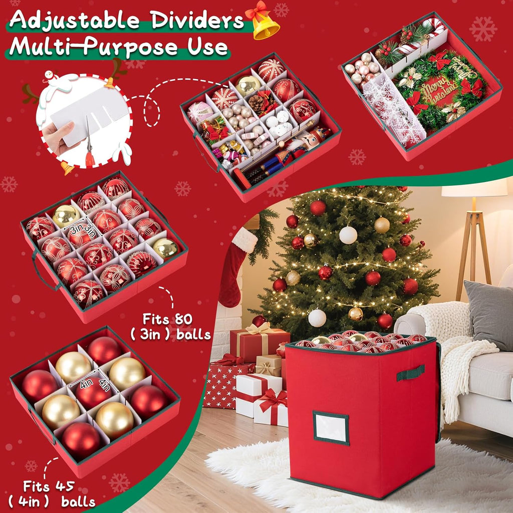 OIAHOMY Christmas Ornament Storage Box - Holds 80 Ornaments with Trays & Zippers, Red 600D Oxford Fabric