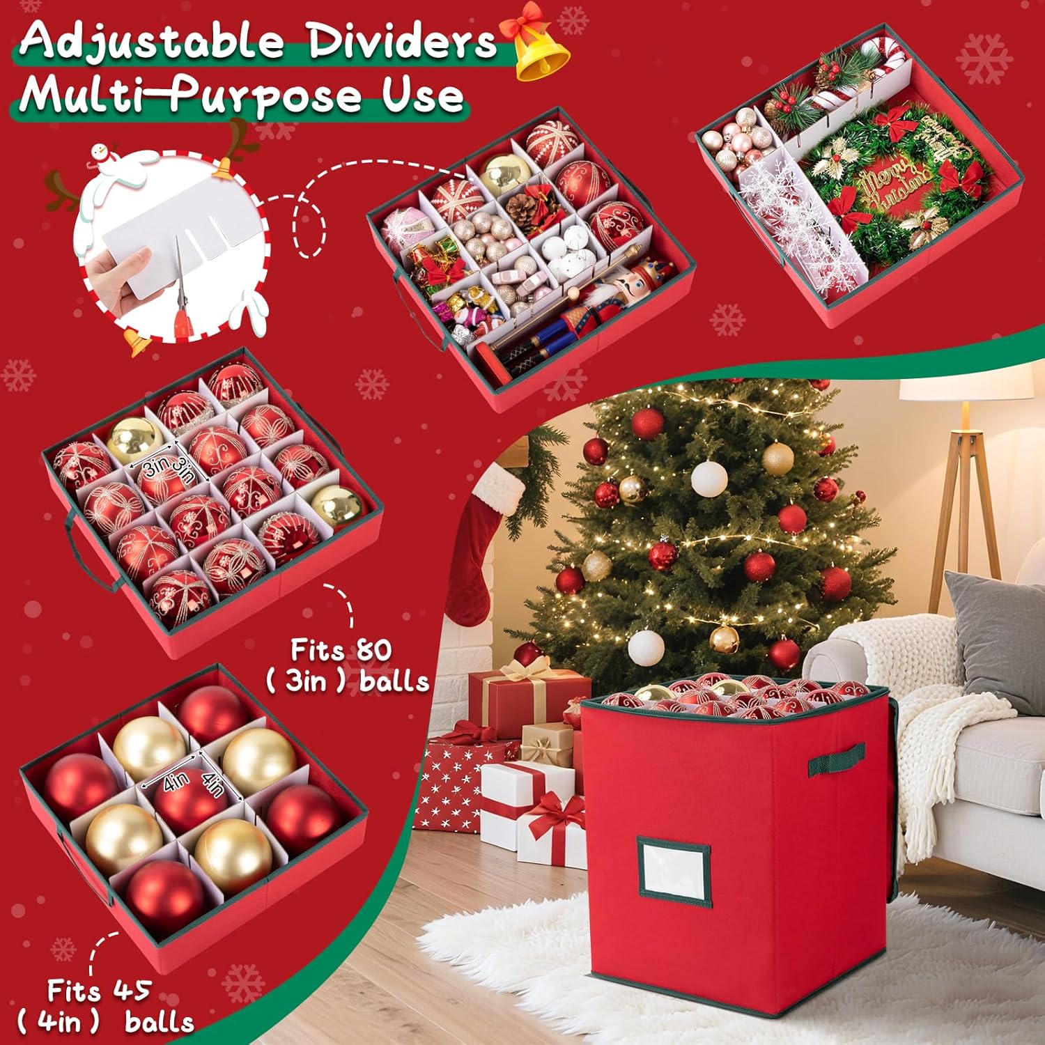 OIAHOMY Christmas Ornament Storage Box - Holds 80 Ornaments with Trays & Zippers, Red 600D Oxford Fabric