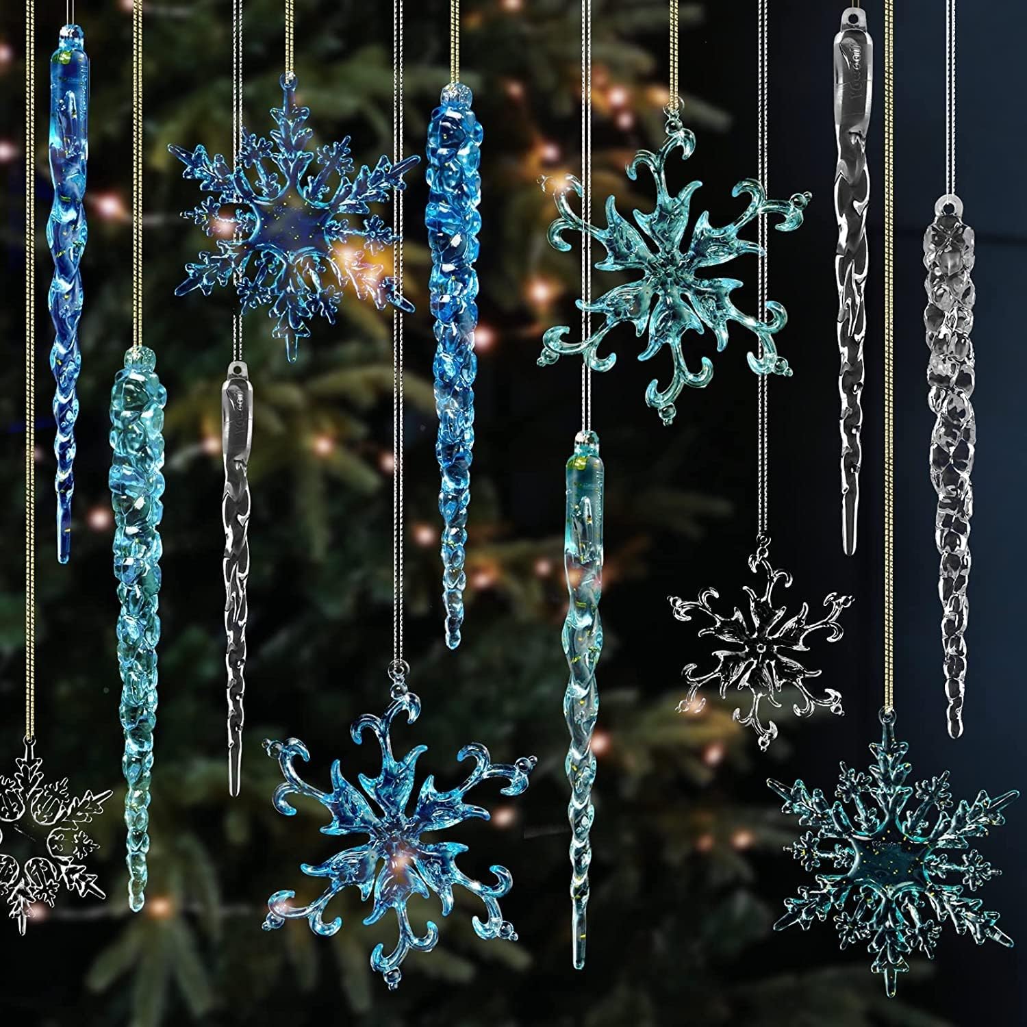 VGOODALL Clear Snowflake & Icicle Ornaments - 36PCS Acrylic Christmas Tree Decorations | Gold & Silver Strings