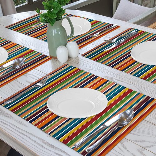 Colorful Stripes Placemats Set of 4, Rainbow Vertical Stripe Faux Leather Heat Resistant Non-Slip Wipe Clean Waterproof Table Place Mats Set for Indoor Outdoor Kitchen Dining Table, 17" x 12"