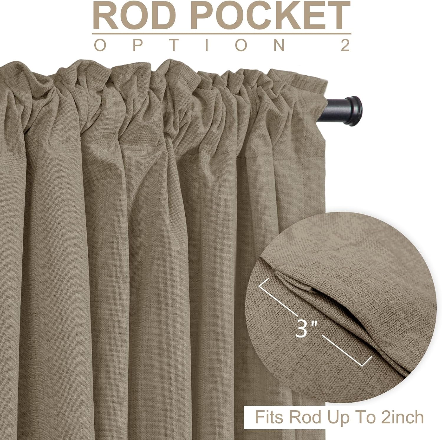 Plaza Taupe 100% Blackout Linen Curtains - Thermal Insulated Drapes, 50" W x 108" L, 2 Panels Set
