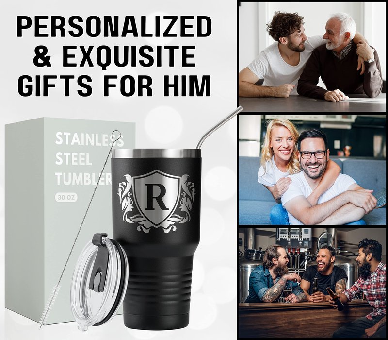 Onebttl Personalized Gifts for Men with Initials, Monogrammed Travel Tumbler for Him, Custom Coffee Cups, Unique Birthday Christmas Gifts for Men who Have Everything, Black, 30oz, E