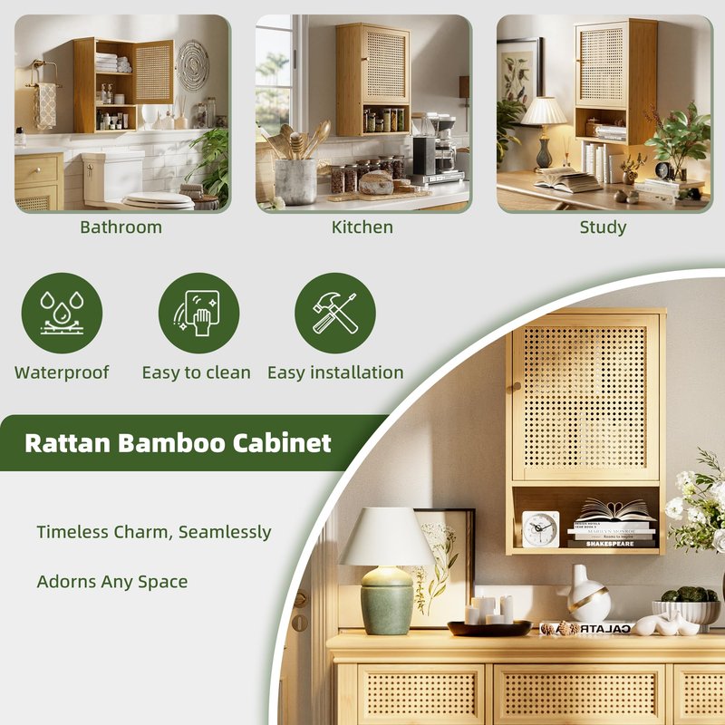 vovala Bathroom Wall Cabinet, Bamboo Over-The-Toilet Storage Organizer with Rattan Doors and Adjustable Shelf, Space Saver Medicine Cabinet for Laundry, Kitchen, Living Room (Natural)