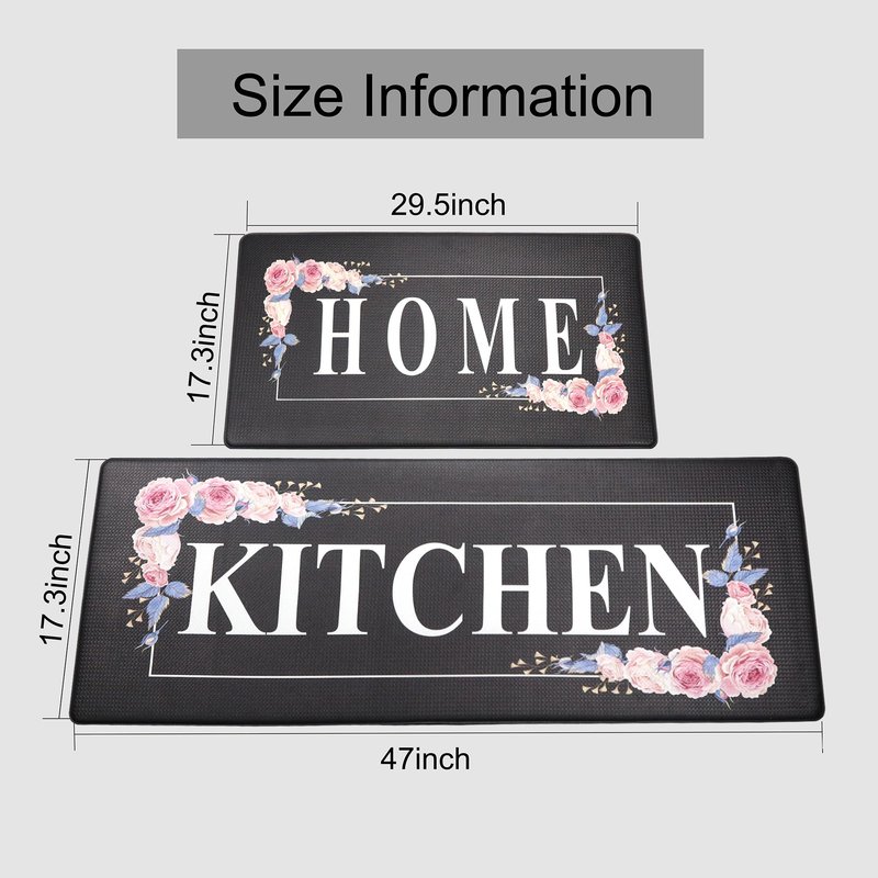 Floral Kitchen Mat Sets 2PCS Non Skid Waterproof Kitchen Rugs and Runner Sets Cushioned Anti-Fatigue Comfort Mat for Home,Office Memory Foam Kitchen Rug, 17.3"x30"+17.3"x47", Black/Pink