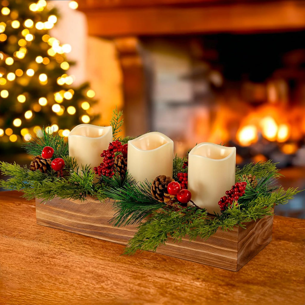 Rustic Wood Candle Holders | Christmas Table Centerpieces with 3 Flameless LED Candles & Pine Cones