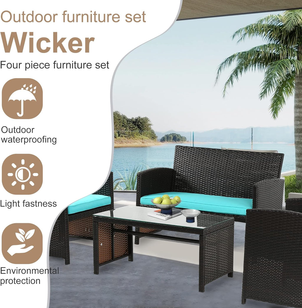Skiennix Outdoor Furniture Set - 4-Piece Wicker Patio Conversation Set for Lawn & Garden - Brown/Blue