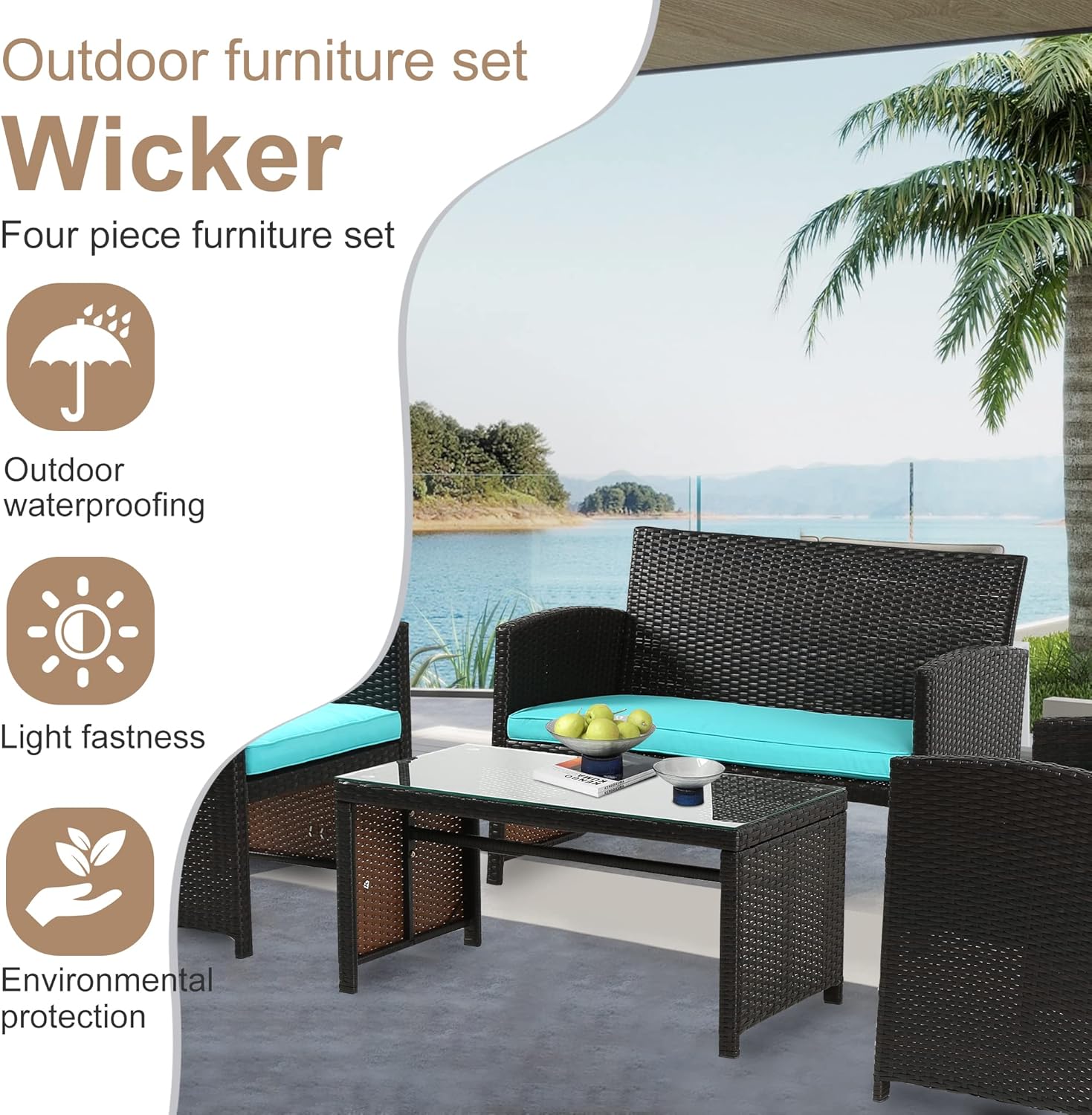 Skiennix Outdoor Furniture Set - 4-Piece Wicker Patio Conversation Set for Lawn & Garden - Brown/Blue