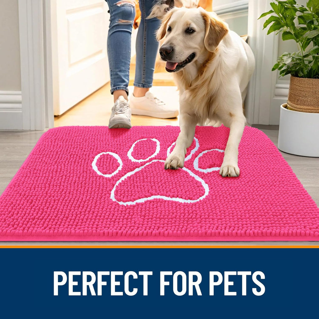 OLANLY Dog Door Mat - Absorbent Non-Slip Mud Mat for Paws | 36x24 Hot Pink Chenille Design