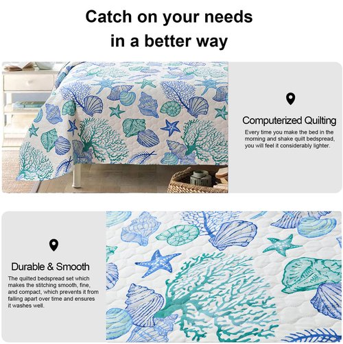Ycosy 3 Piece Coastal Beach Quilt Set King Size Ocean Theme Bedding Set Blue Green Lightweight Bedspread Coverlet Shell Coral Conch Starfish Bed Covers Bedroom Decor with 2 Pillow Shams