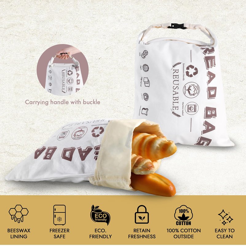 FHDLUIAN 2 Pack Beeswax Bread Bags for Sourdough,Reusable Bread Bag for Homemade Sourdough,Food Grade Cotton Beeswax Bags,Large Capacity and Portable,Washable,Refrigerable,Gifts for Bakers and Picnic