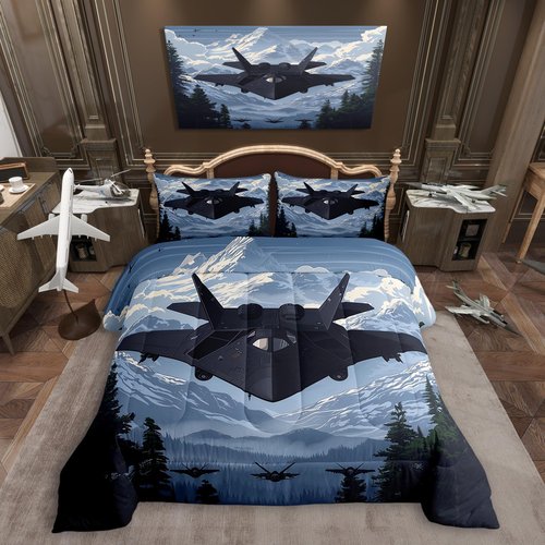 Manfei Modern Airplane Twin Size Comforter Set for All Seasons,Military Black Fighter Plane Aircraft Bedding Set Bedroom Decor,Snowy Mount Pines Trees Nature Paint Comforter Inner Fill with 1 Pillow