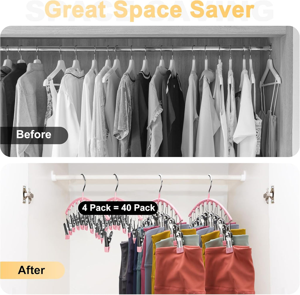 Skiennix Legging Organizer - Space-Saving Metal Yoga Pants Hangers, 4 Pack with 10 Clips, Pink